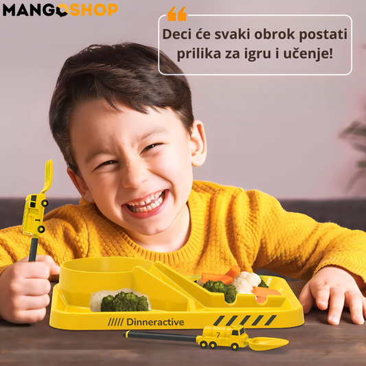 Zabavni dečiji set za jelo – tanjir sa pregradama , viljuška i kašika kao traktor i bager