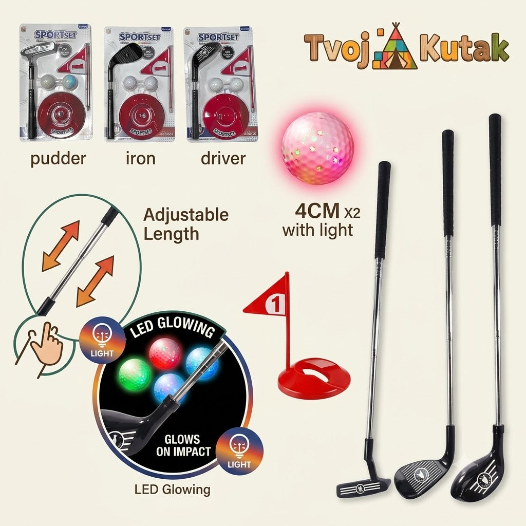 Dečiji Golf Set sa Podesivom Palicom i Svetlećim Lopticama (LED)